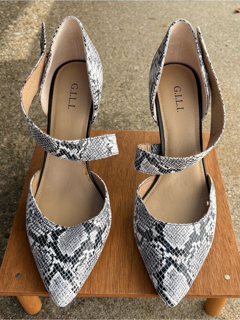 G.I.L.I. Farrin Snake-Print Leather Asymmetrical Pointed Ankle-Strap Pumps